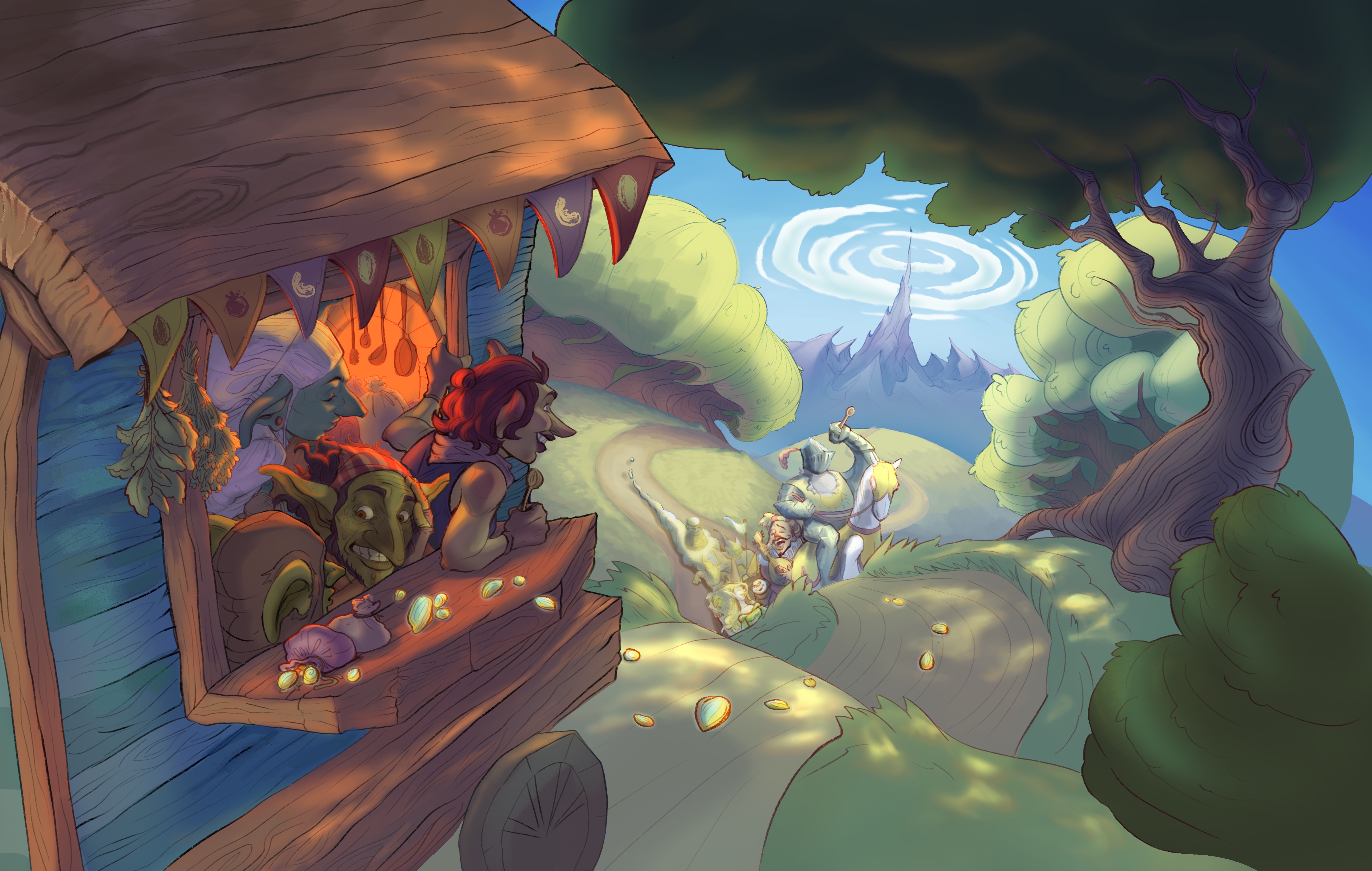 final key art for the fantasy chef game trail mixers. three goblins on a caravan food truck head into the forest while hungry customers follow behind.